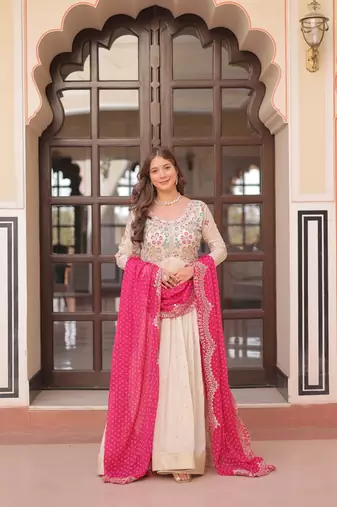 Cosmos Weaving Embroidered Stitched Gown with Dupatta     Pink | 56" Length