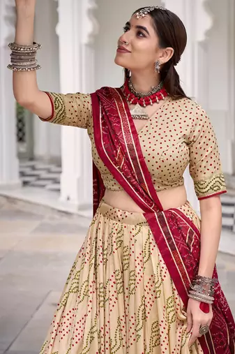Bandhej Print Tasar Silk Lehenga Choli with Gotta Patti Touch Up