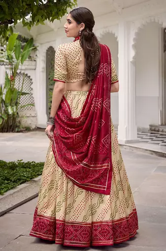 Bandhej Print Tasar Silk Lehenga Choli with Gotta Patti Touch Up