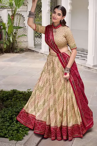 Bandhej Print Tasar Silk Lehenga Choli with Gotta Patti Touch Up