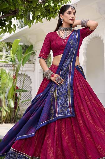 Bandhej Print Tasar Silk Lehenga Choli with Gotta Patti Touch Up