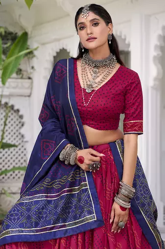 Bandhej Print Tasar Silk Lehenga Choli with Gotta Patti Touch Up