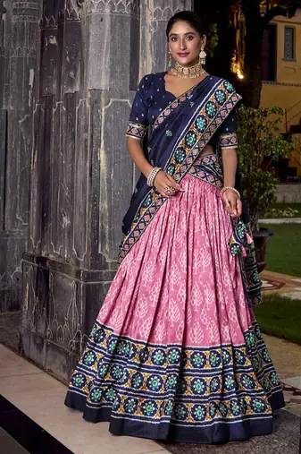 Pink Tasar Silk Ikkat Chaniya Choli