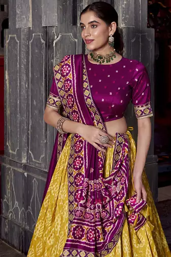 Yellow Tasar Silk Ikkat Chaniya Choli