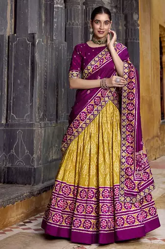Yellow Tasar Silk Ikkat Chaniya Choli