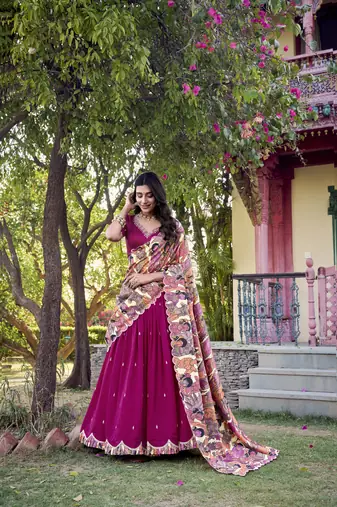 Raani  pink Charm in Vichitra Silk Sequins Embroidery with Kalamkari Border