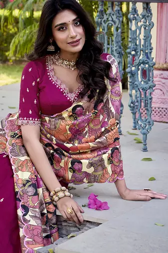 Raani  pink Charm in Vichitra Silk Sequins Embroidery with Kalamkari Border