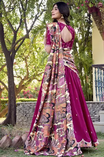 Raani  pink Charm in Vichitra Silk Sequins Embroidery with Kalamkari Border