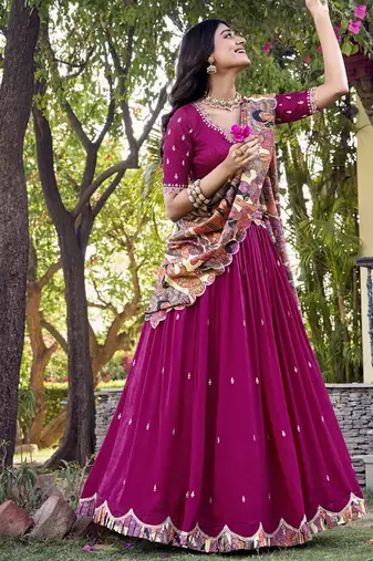 Raani  pink Charm in Vichitra Silk Sequins Embroidery with Kalamkari Border