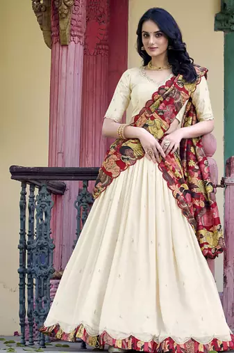 Cream Charm in Vichitra Silk Sequins Embroidery with Kalamkari Border