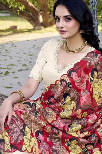 Cream Charm in Vichitra Silk Sequins Embroidery with Kalamkari Border