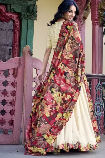 Cream Charm in Vichitra Silk Sequins Embroidery with Kalamkari Border