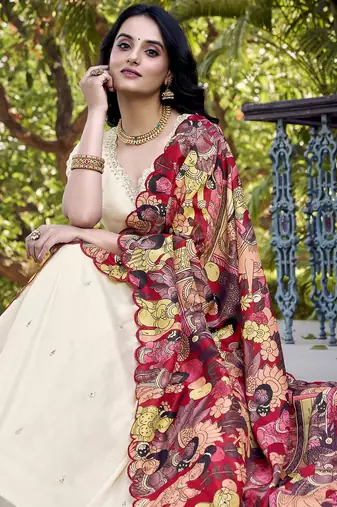 Cream Charm in Vichitra Silk Sequins Embroidery with Kalamkari Border