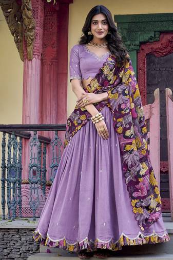 Lavender Charm in Vichitra Silk Sequins Embroidery with Kalamkari Border