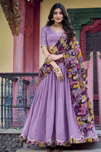 Lavender Charm in Vichitra Silk Sequins Embroidery with Kalamkari Border