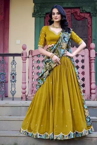 Yellow Charm in Vichitra Silk Sequins Embroidery with Kalamkari Border