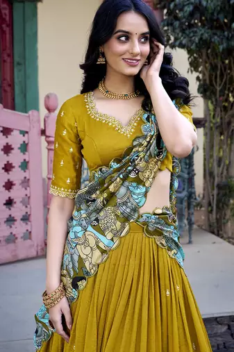 Yellow Charm in Vichitra Silk Sequins Embroidery with Kalamkari Border