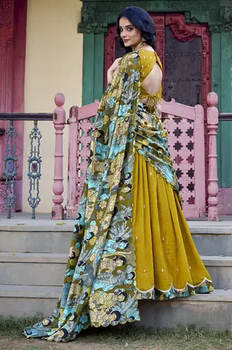 Yellow Charm in Vichitra Silk Sequins Embroidery with Kalamkari Border
