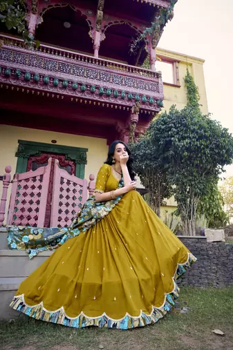 Yellow Charm in Vichitra Silk Sequins Embroidery with Kalamkari Border