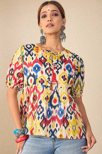 multicolor cotton peplum top with printed work
