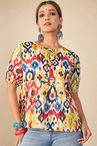 multicolor cotton peplum top with printed work