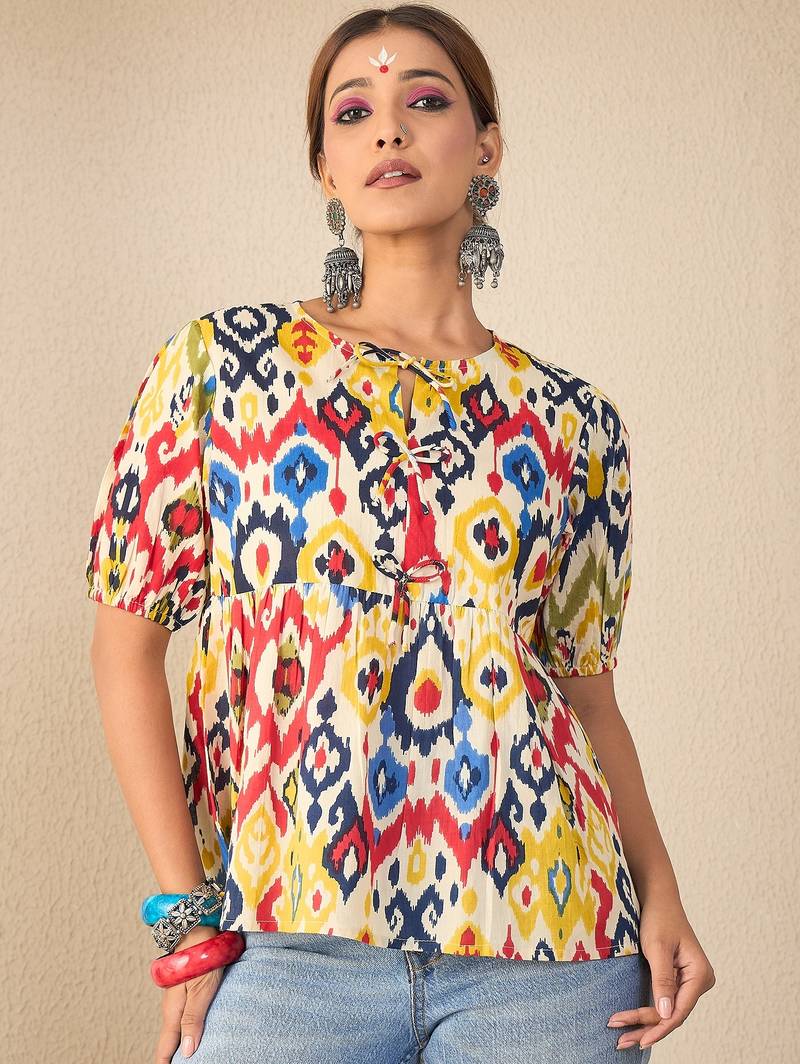 multicolor cotton peplum top with printed work