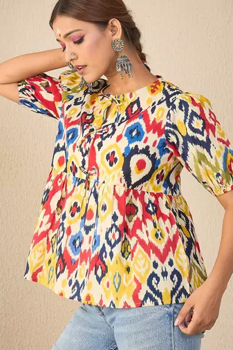 multicolor cotton peplum top with printed work