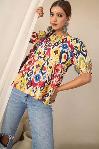 multicolor cotton peplum top with printed work