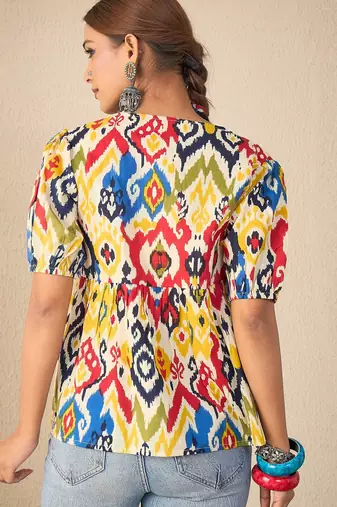 multicolor cotton peplum top with printed work