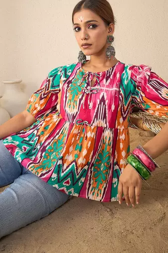 multicolor cotton peplum top with geometric print