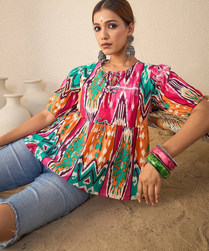 multicolor cotton peplum top with geometric print