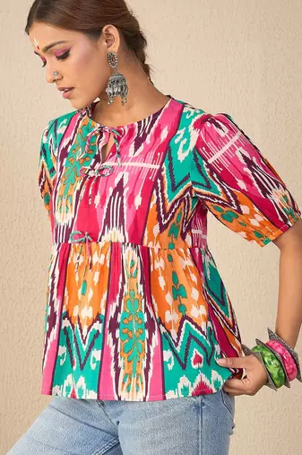 multicolor cotton peplum top with geometric print