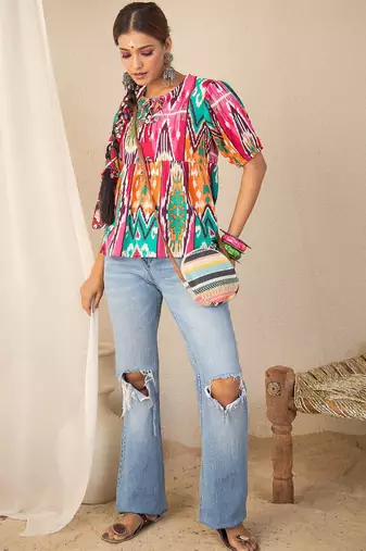 multicolor cotton peplum top with geometric print