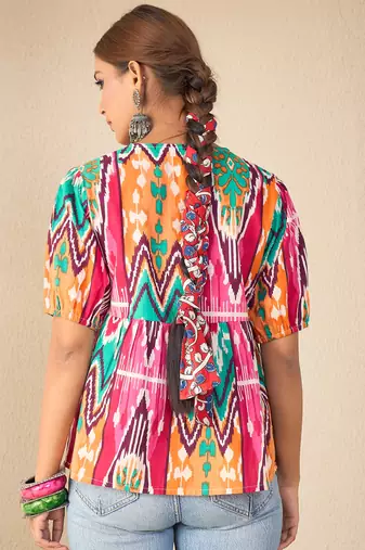 multicolor cotton peplum top with geometric print