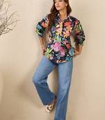 navy blue cotton shirt with tropical printed design