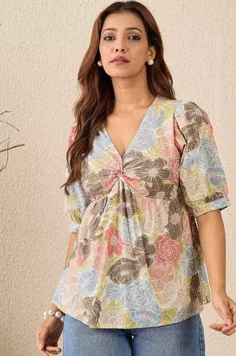 multicolor cotton top with floral printed twist