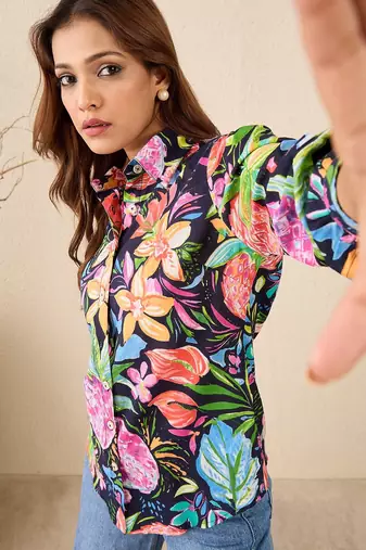 navy blue cotton shirt with tropical printed design