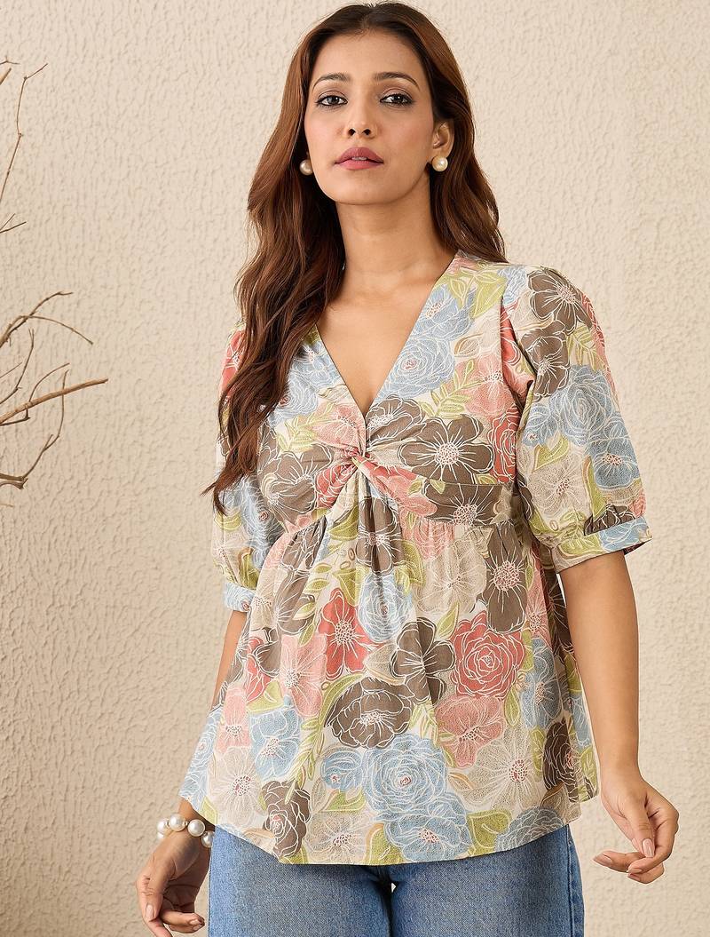 multicolor cotton top with floral printed twist