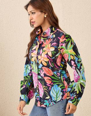 navy blue cotton shirt with tropical printed design 4