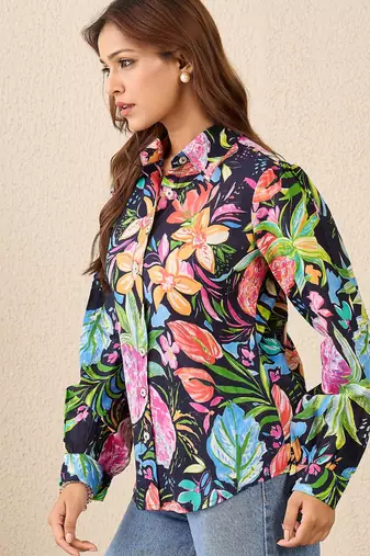 navy blue cotton shirt with tropical printed design