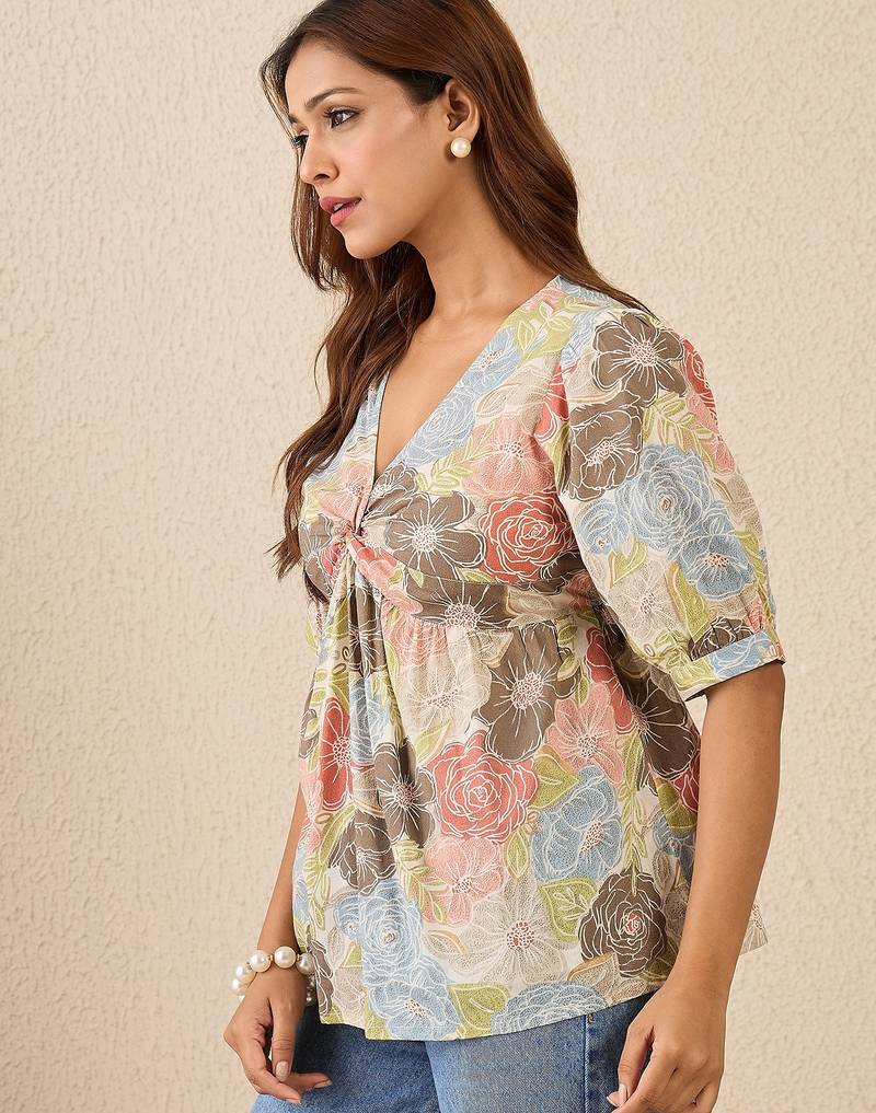 multicolor cotton top with floral printed twist