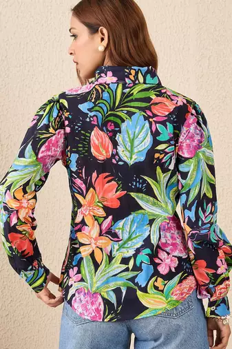 navy blue cotton shirt with tropical printed design