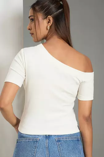 white cotton top with ribbed one shoulder style