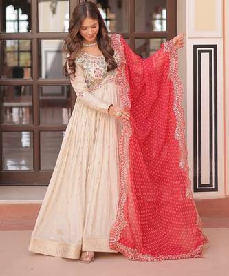 Cosmos Weaving Embroidered Stitched Gown with Dupatta     Red | 56" Length 1