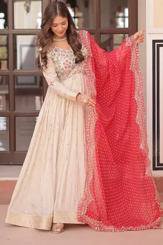 Cosmos Weaving Embroidered Stitched Gown with Dupatta     Red | 56" Length