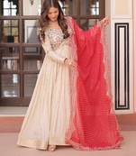 Cosmos Weaving Embroidered Stitched Gown with Dupatta     Red | 56" Length