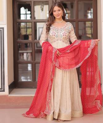 Cosmos Weaving Embroidered Stitched Gown with Dupatta     Red | 56" Length 2