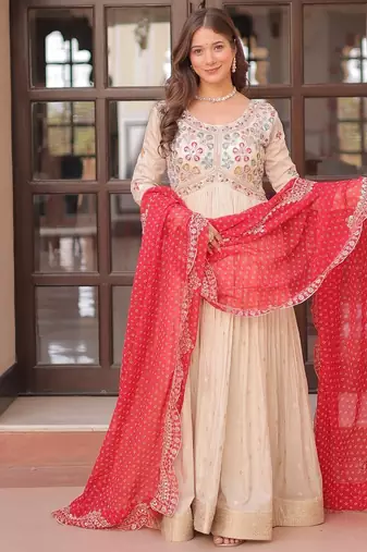 Cosmos Weaving Embroidered Stitched Gown with Dupatta     Red | 56" Length