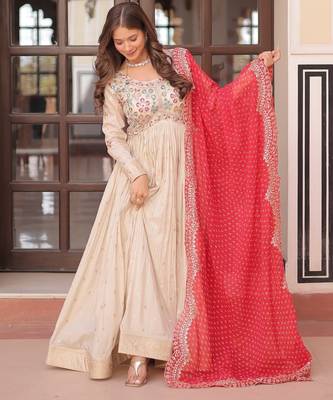 Cosmos Weaving Embroidered Stitched Gown with Dupatta     Red | 56" Length 3
