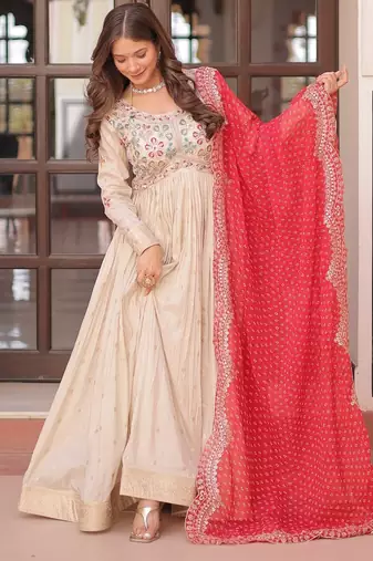 Cosmos Weaving Embroidered Stitched Gown with Dupatta     Red | 56" Length